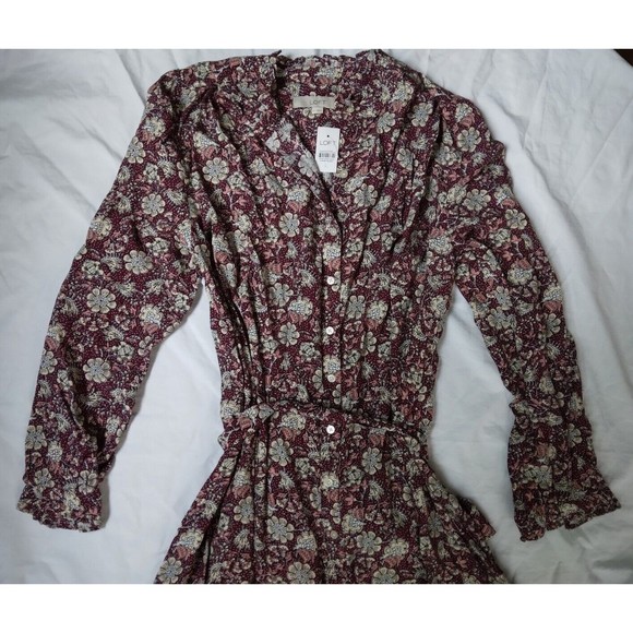NWT Loft Floral Ruffle Shirtdress Button Down Tie Belt Size Large - Picture 5 of 16